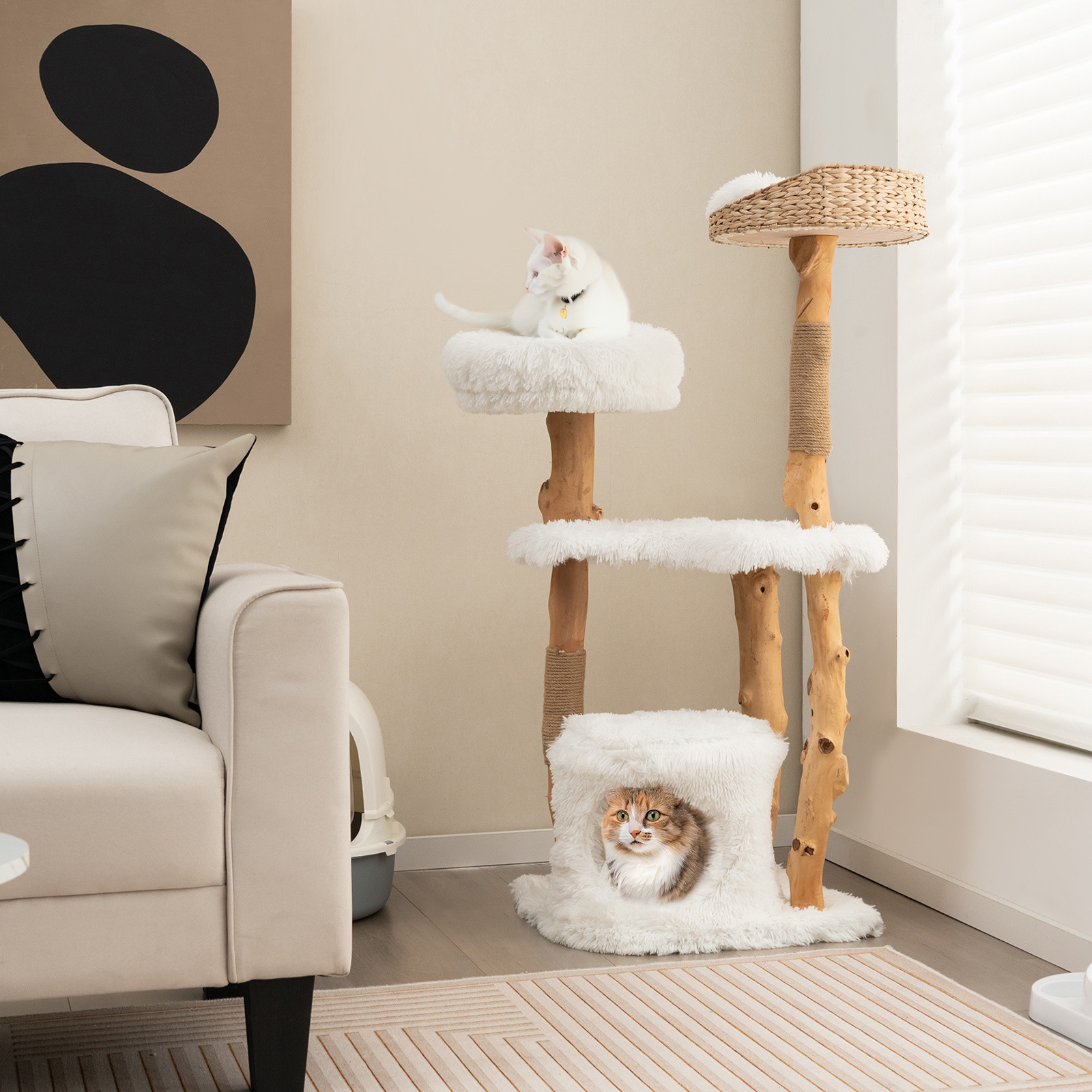 Arbre à Chat blanc en bois design - Hauteur 124cm – Image 2